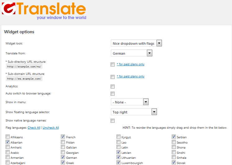 Wordpress Webseite übersetzen:GTranslate Einstellungen